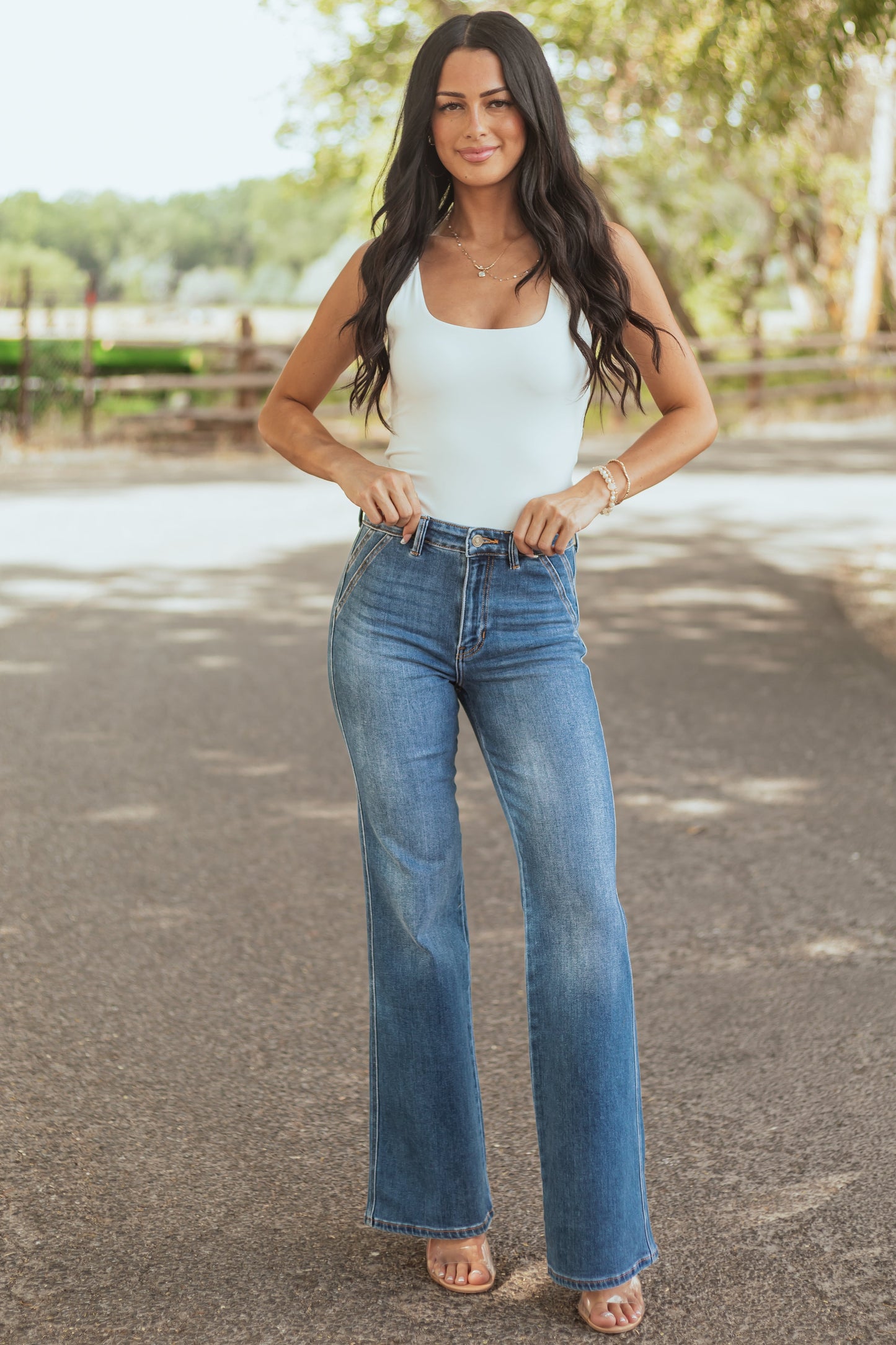 Women's High Rise Flare Jeans Medium Wash Ultra High Rise Denim