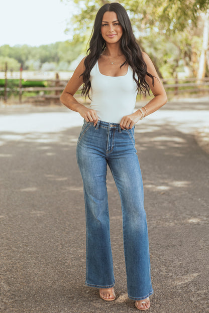 Women's High Rise Flare Jeans Medium Wash Ultra High Rise Denim