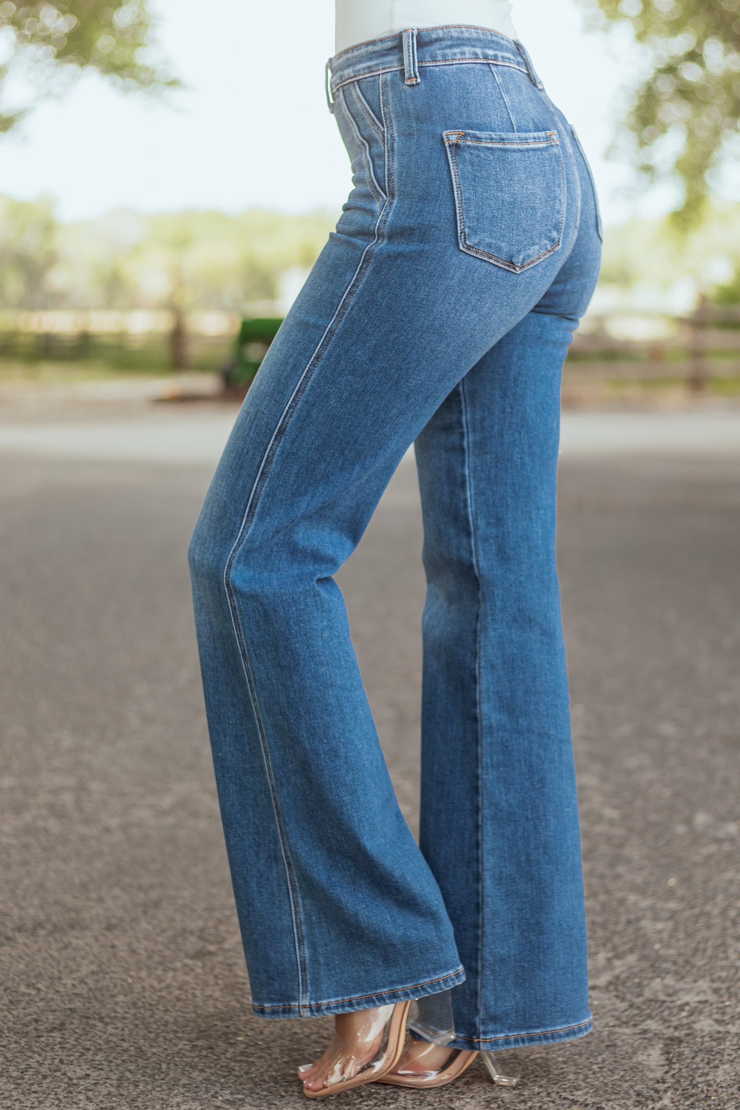 Women's High Rise Flare Jeans Medium Wash Ultra High Rise Denim