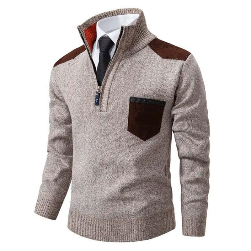 Men's Lightweight Half-Zip Sweater Contrast Panels Grey - Fashinoza