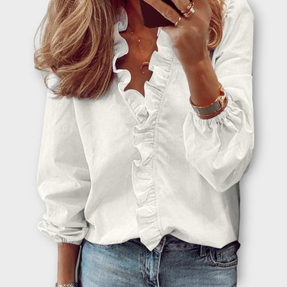 Women's V-Neck Blouse Ruffle Front Long Sleeve - Fashinoza