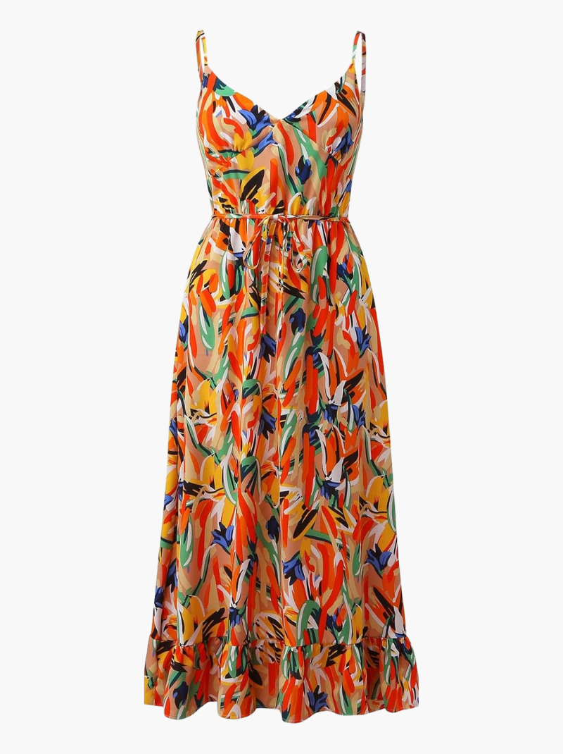 Women's Midi Dress Spaghetti Strap Abstract Print Ruffle Hem
