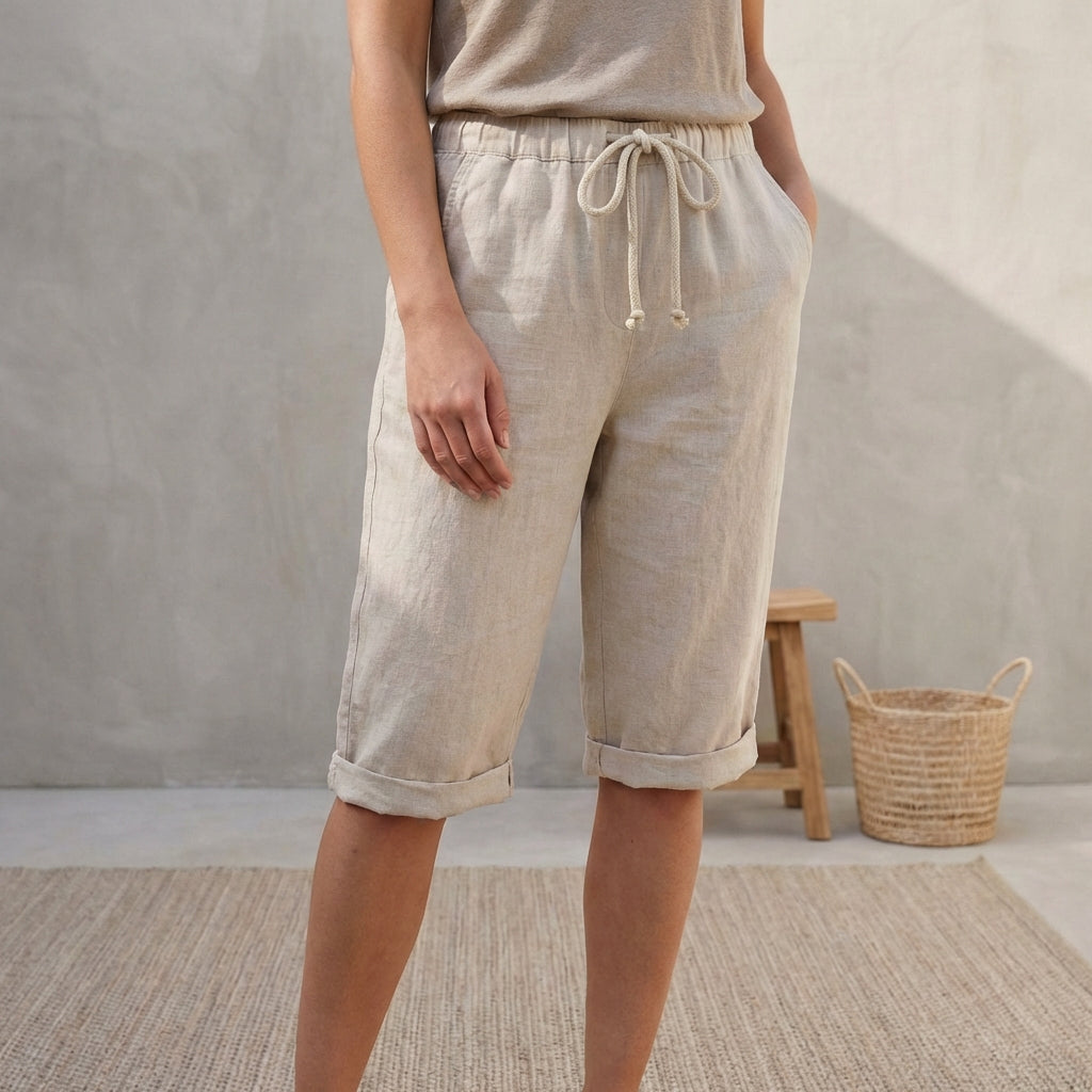 Linen Capri Pants Relaxed Fit Drawstring Waist Cuffed Hem - 
Fashinoza