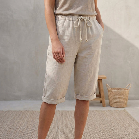 Linen Capri Pants Relaxed Fit Drawstring Waist Cuffed Hem - 
Fashinoza