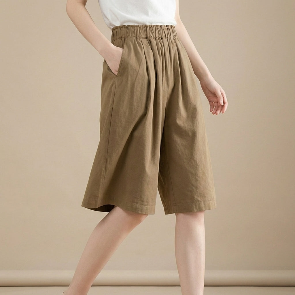 Women's Relaxed Fit Wide Leg Shorts Cotton Elastic Waist Pockets - 
Fashinoza