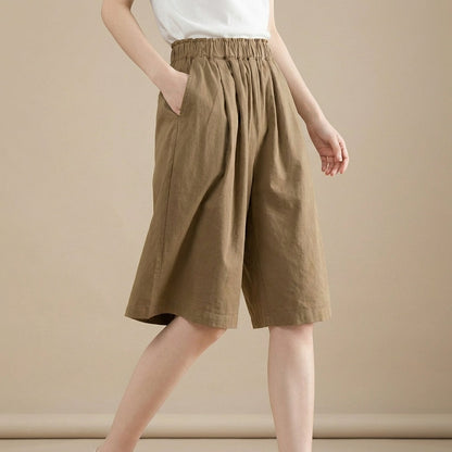 Women's Relaxed Fit Wide Leg Shorts Cotton Elastic Waist Pockets - 
Fashinoza