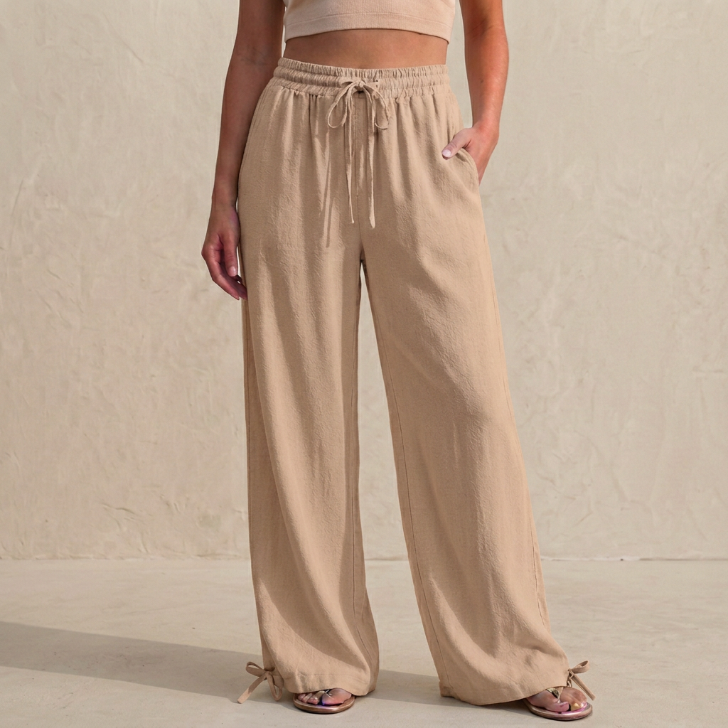 Women's Relaxed Fit Wide Leg Trousers Drawstring Ankle Tie