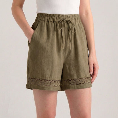 Women's Wide Leg Mini Shorts Lace Trim Drawstring Waist