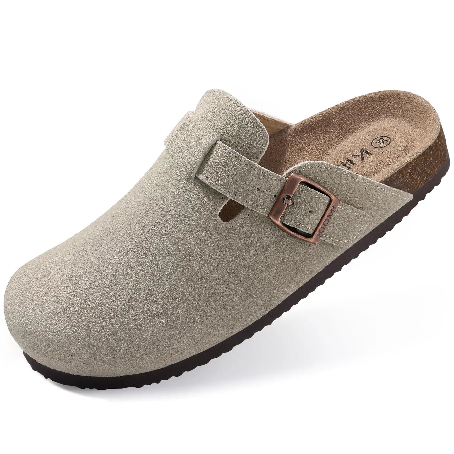 Women's Faux Suede Mules Cork Sole Clogs with Adjustable Buckle Strap