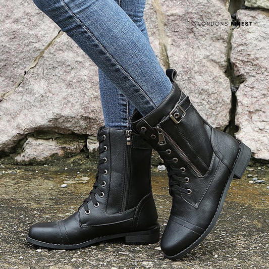 Women's Lace-Up Combat Boots Side Zip - Fashinoza