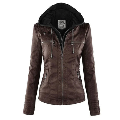 Women's Faux Leather Biker Jacket With Hood - Fashinoza