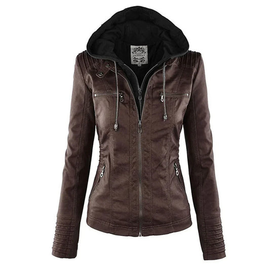 Women's Faux Leather Biker Jacket With Hood - Fashinoza