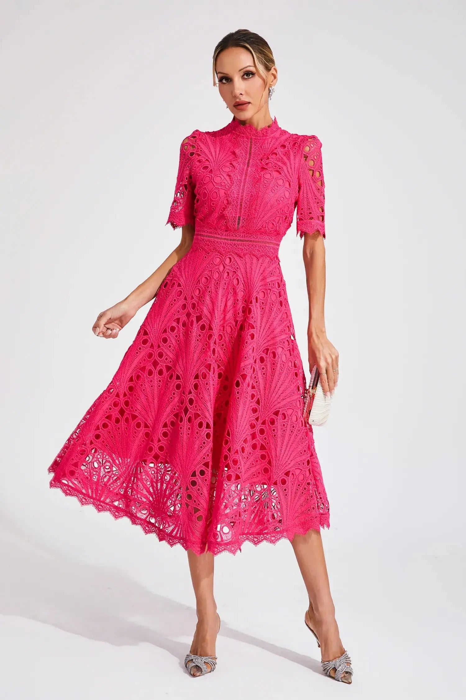 Women's Lace Midi Dress Elegant Beige - 
Fashinoza