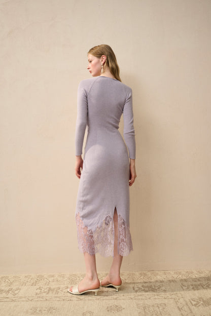 Knit Long-Sleeve Midi Dress with Lace Hem