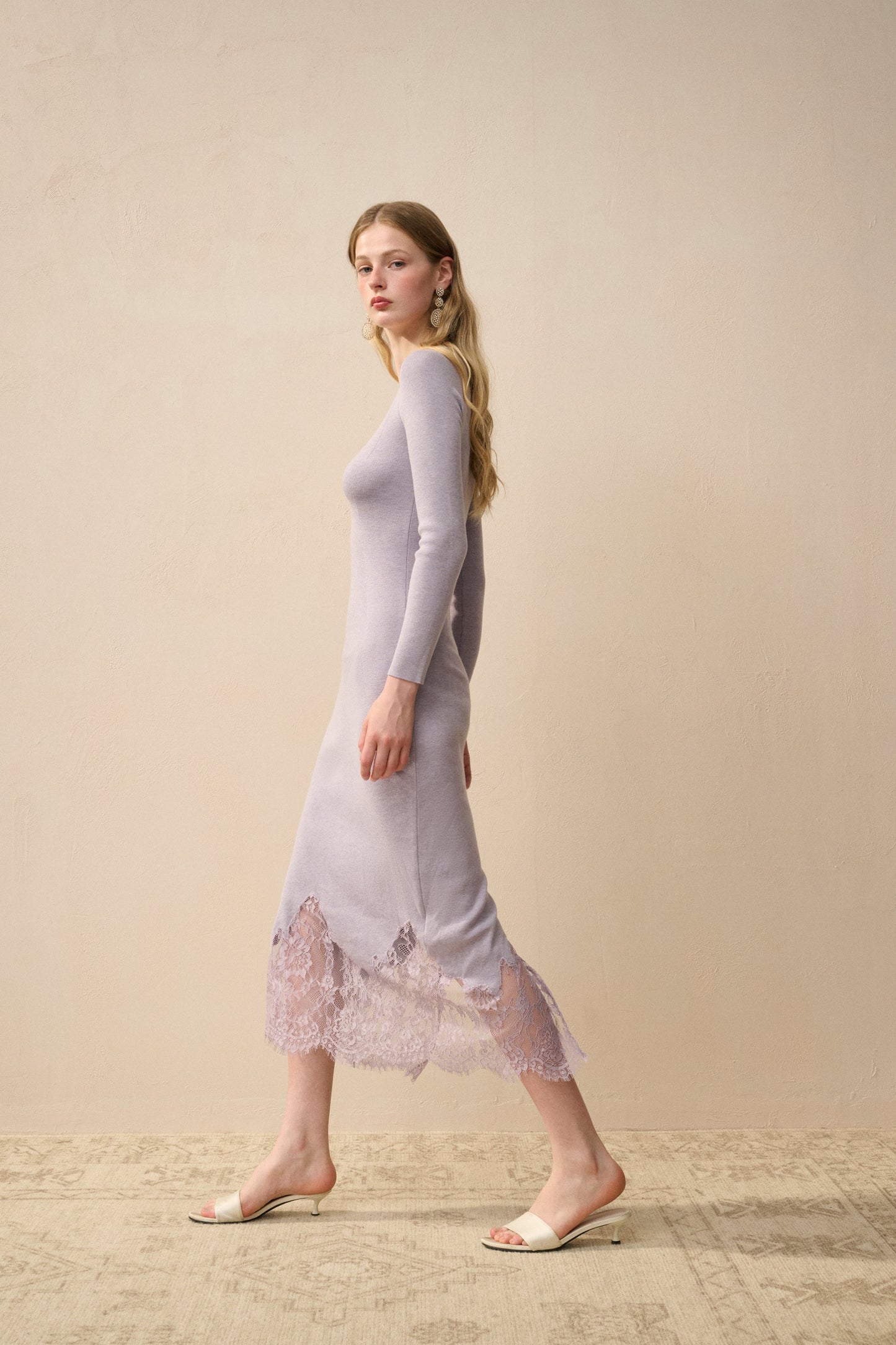 Knit Long-Sleeve Midi Dress with Lace Hem