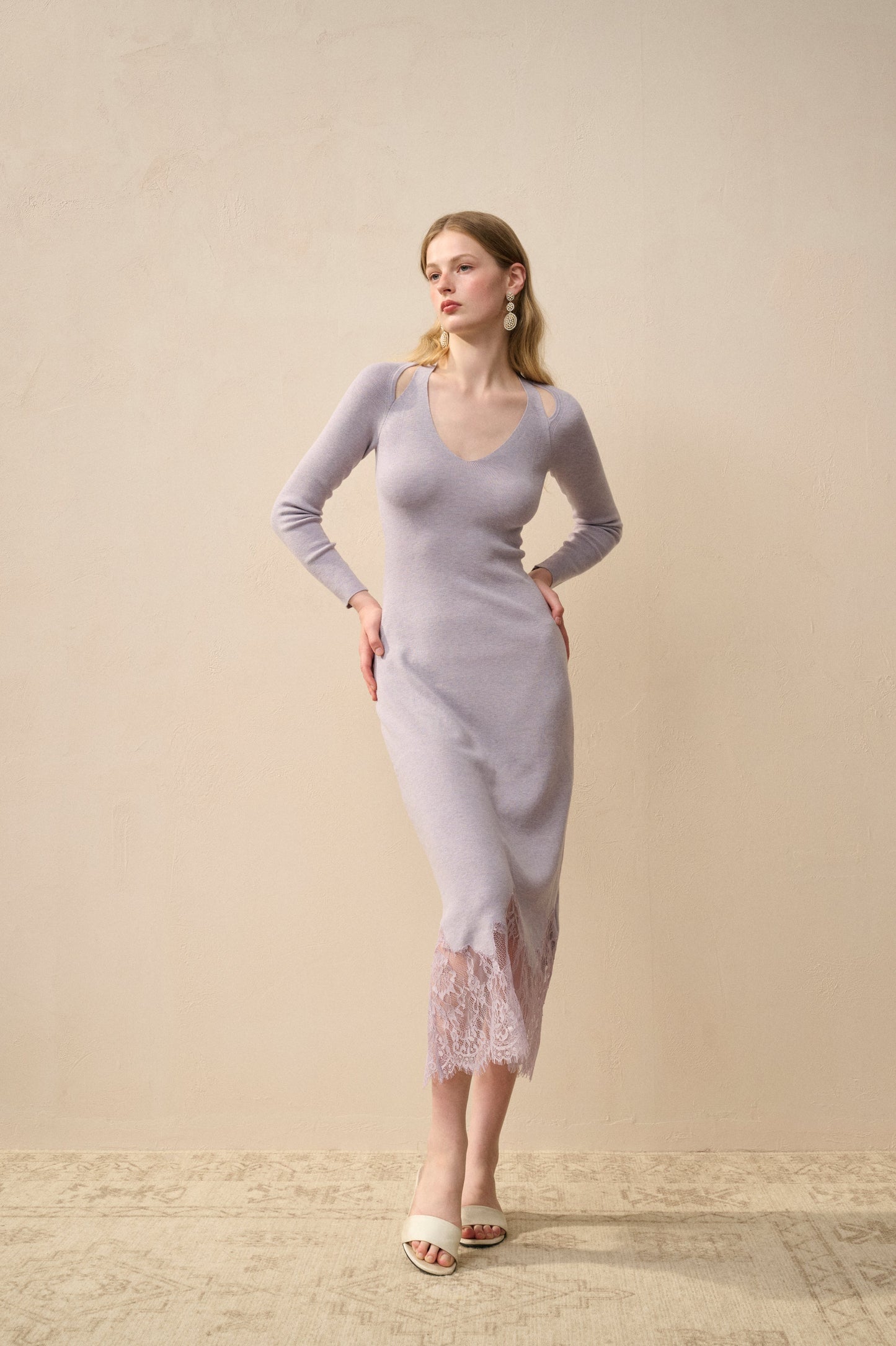 Knit Long-Sleeve Midi Dress with Lace Hem