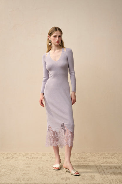 Knit Long-Sleeve Midi Dress with Lace Hem
