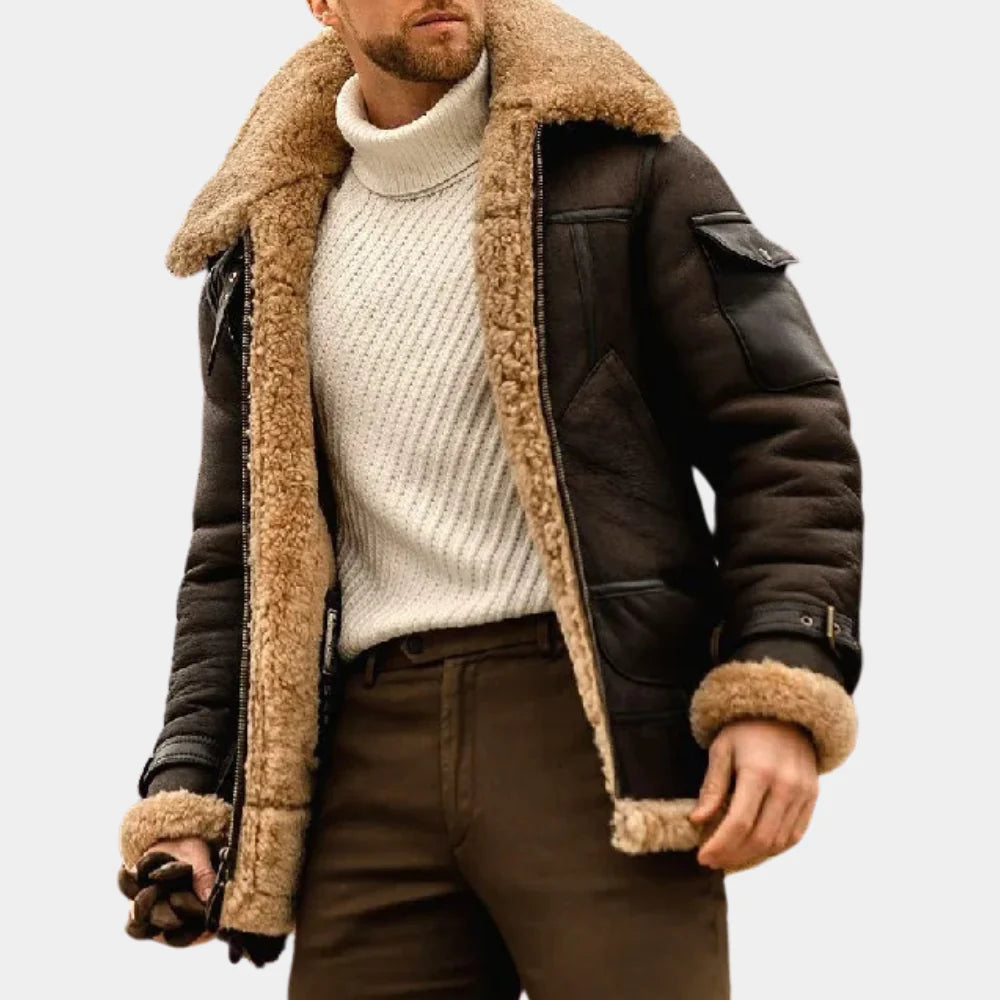 Men's Leather Pilot Jacket Warm Brown - Fashinoza