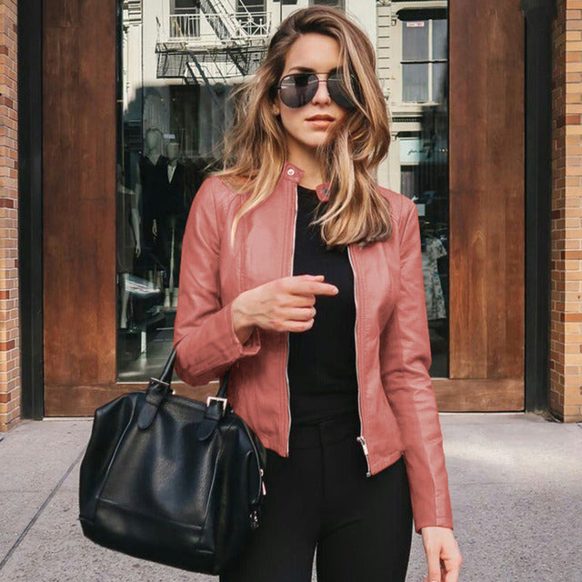 Women's Slim Fit Biker Jacket Zipper Leather Black