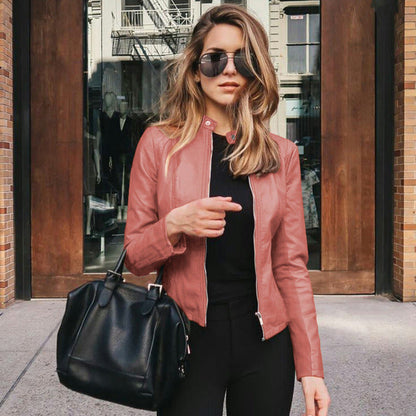 Women's Slim Fit Biker Jacket Zipper Leather Black