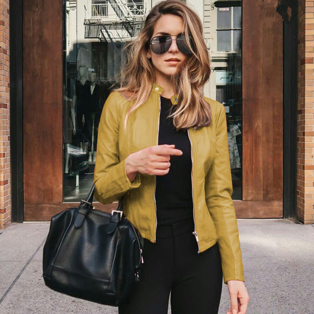 Women's Slim Fit Biker Jacket Zipper Leather Black