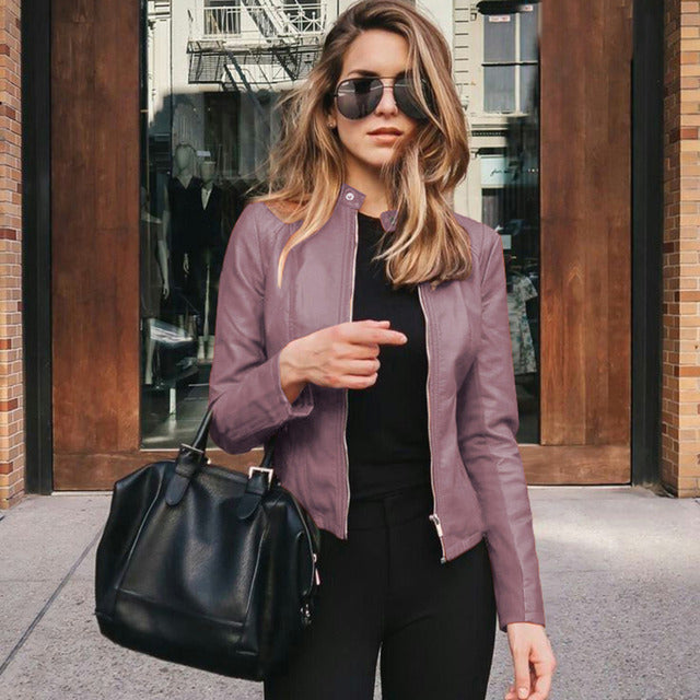 Women's Slim Fit Biker Jacket Zipper Leather Black