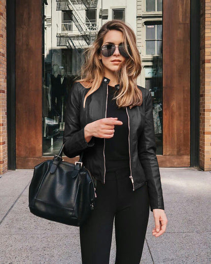 Women's Slim Fit Biker Jacket Zipper Leather Black