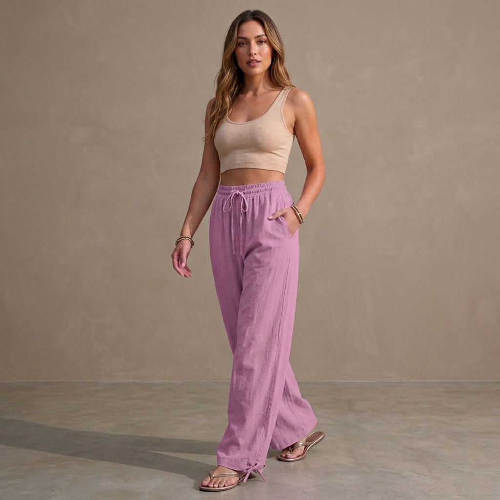 Women's Relaxed Fit Wide Leg Trousers Drawstring Ankle Tie