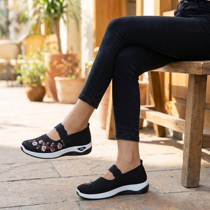 Women's Knit Mary Jane Flats Floral Embroidery