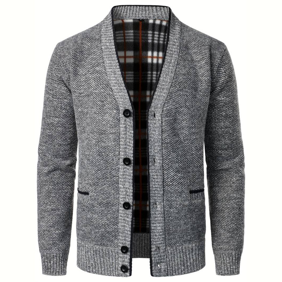 Men's V-Neck Cardigan Plaid Lining Side Pockets - Fashinoza