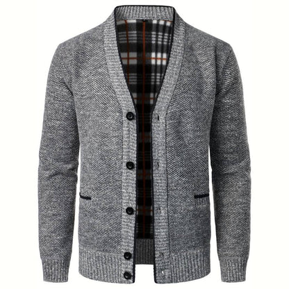 Men's V-Neck Cardigan Plaid Lining Side Pockets - Fashinoza