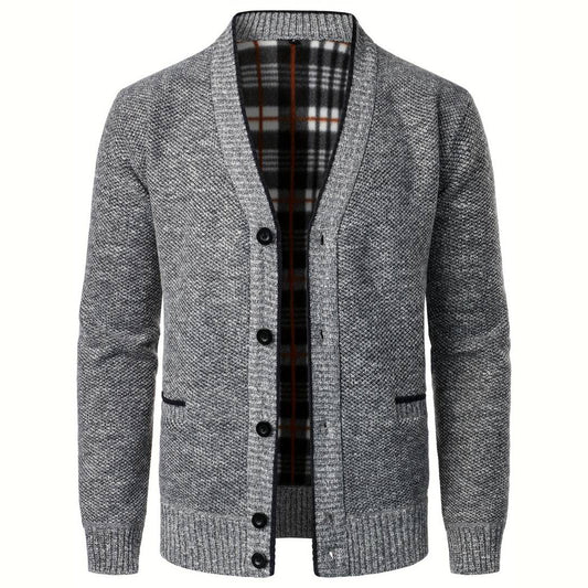 Men's V-Neck Cardigan Plaid Lining Side Pockets - Fashinoza