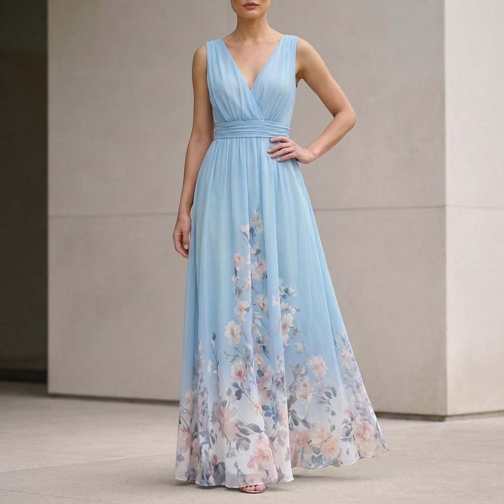 Women's Chiffon Maxi Dress V-Neck Floral - 
Fashinoza