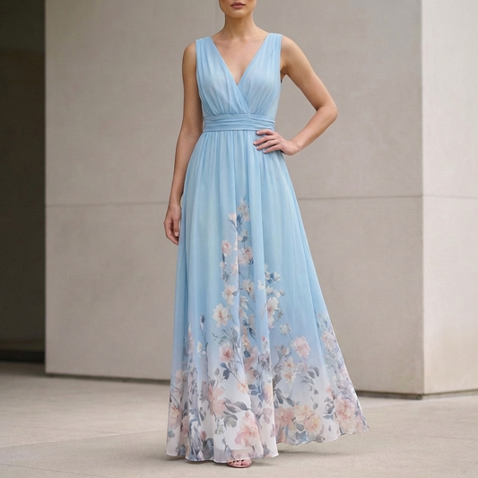 Women's Chiffon Maxi Dress V-Neck Floral - 
Fashinoza