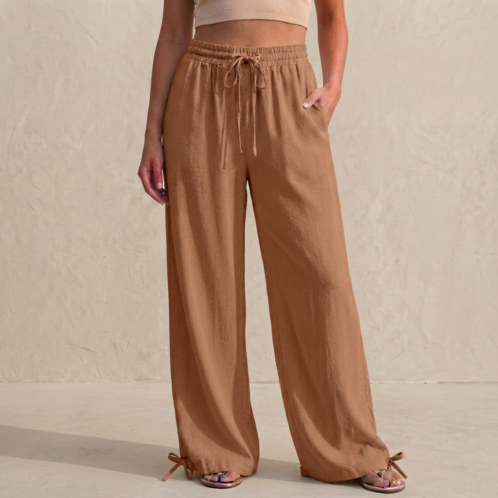 Women's Relaxed Fit Wide Leg Trousers Drawstring Ankle Tie