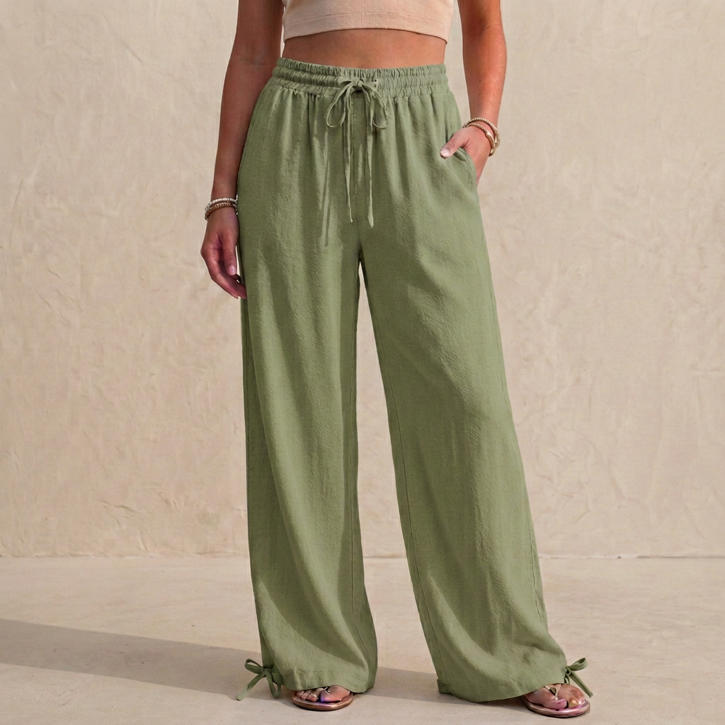 Women's Relaxed Fit Wide Leg Trousers Drawstring Ankle Tie