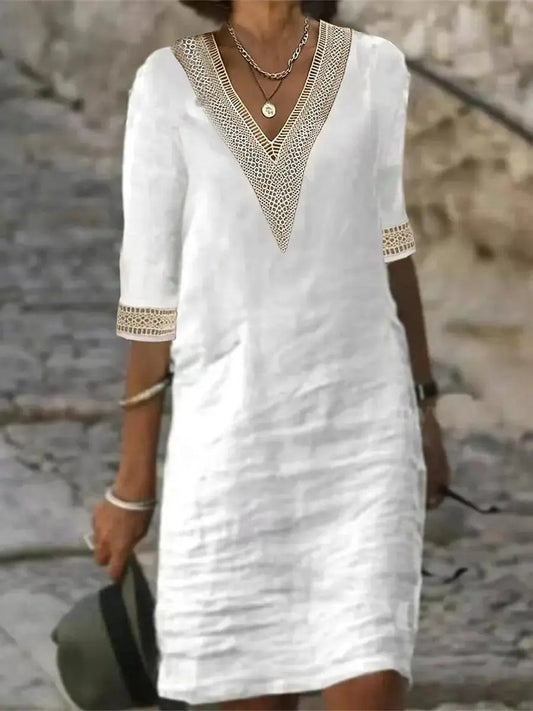 Women's Linen Blend V-Neck Dress Comfortable Summer - 
Fashinoza