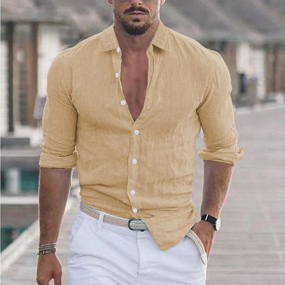 Men's Linen Shirt Turn-Down Collar - 
Fashinoza