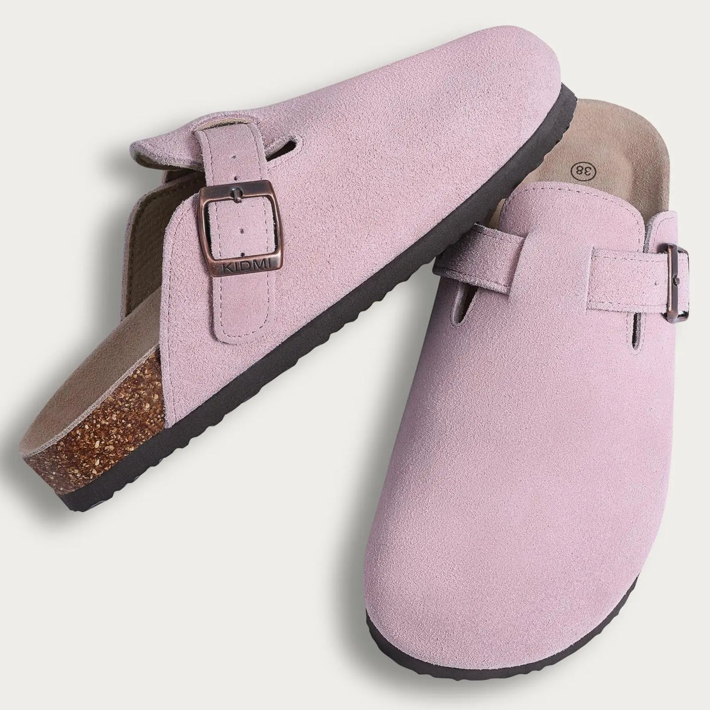 Women's Faux Suede Mules Cork Sole Clogs with Adjustable Buckle Strap
