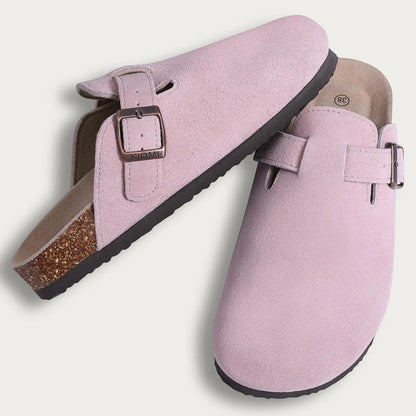 Women's Faux Suede Mules Cork Sole Clogs with Adjustable Buckle Strap
