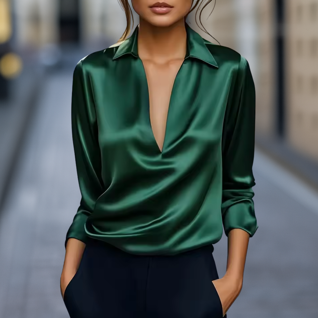 Women's Silk V-Neck Blouse Satin Draped Collared