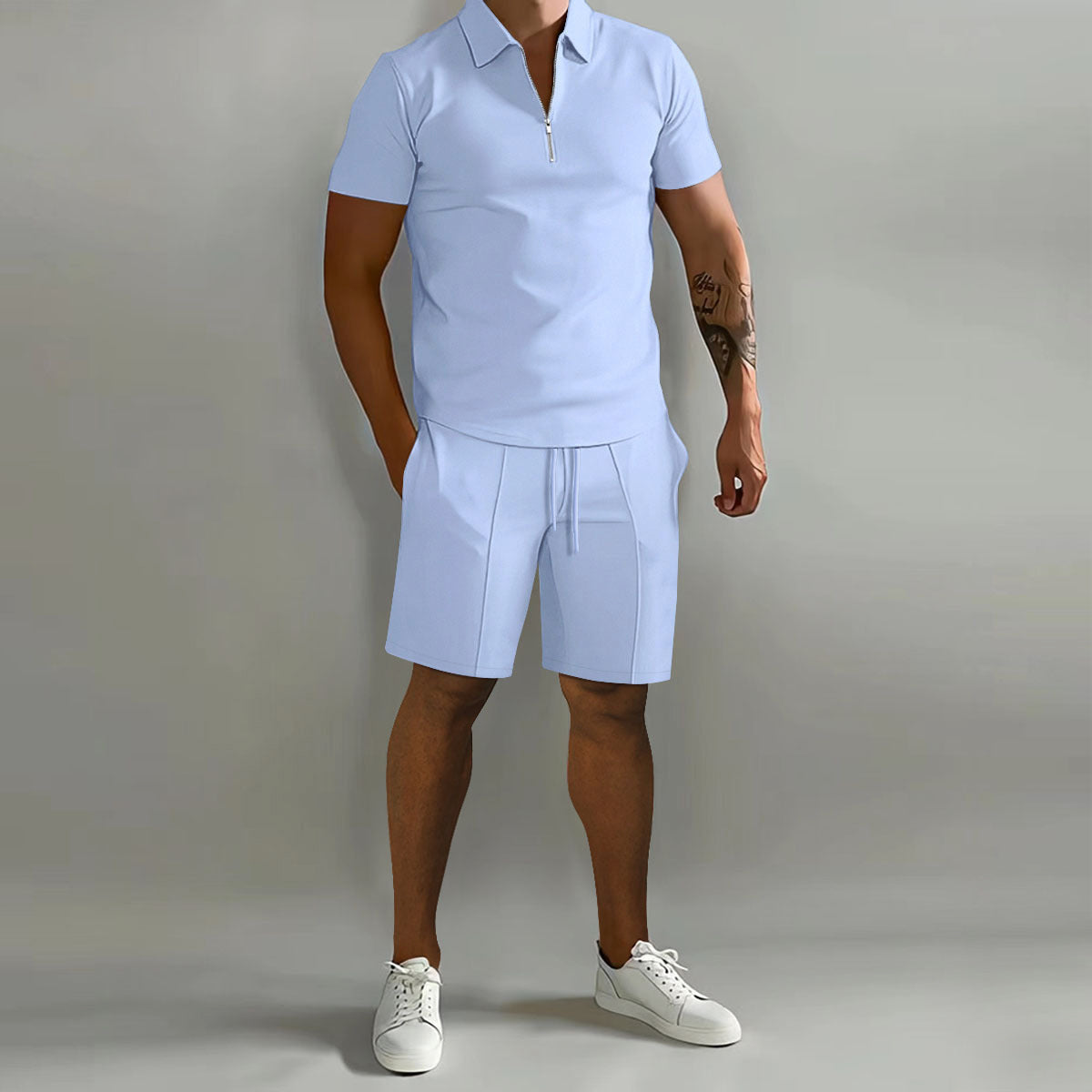 Men's Polo Shorts Set Zip Up Two Piece