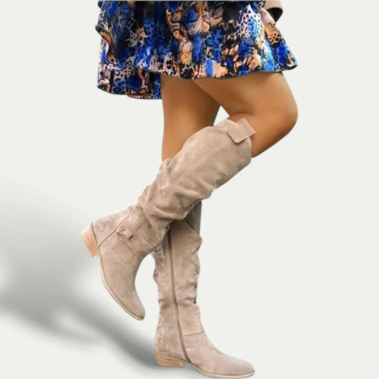 Women's Suede Cowboy Boots Low Heel Brown - 
Fashinoza