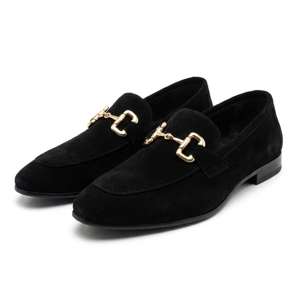 Men’s Pointed Toe Loafers Microfiber Leather Slip-On Moccasins with Metal Buckle