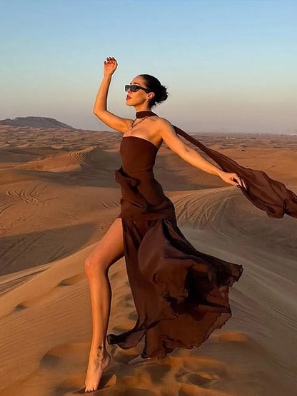 Strapless High-Slit Evening Dress