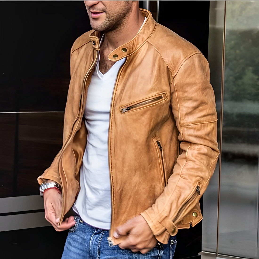 Men's Leather Jacket Stand Collar Zip Pockets