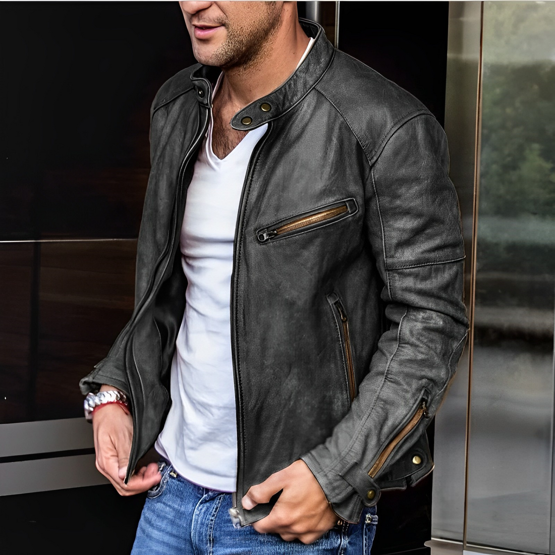 Men's Leather Jacket Stand Collar Zip Pockets - Fashinoza