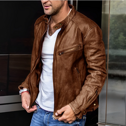 Men's Leather Jacket Stand Collar Zip Pockets
