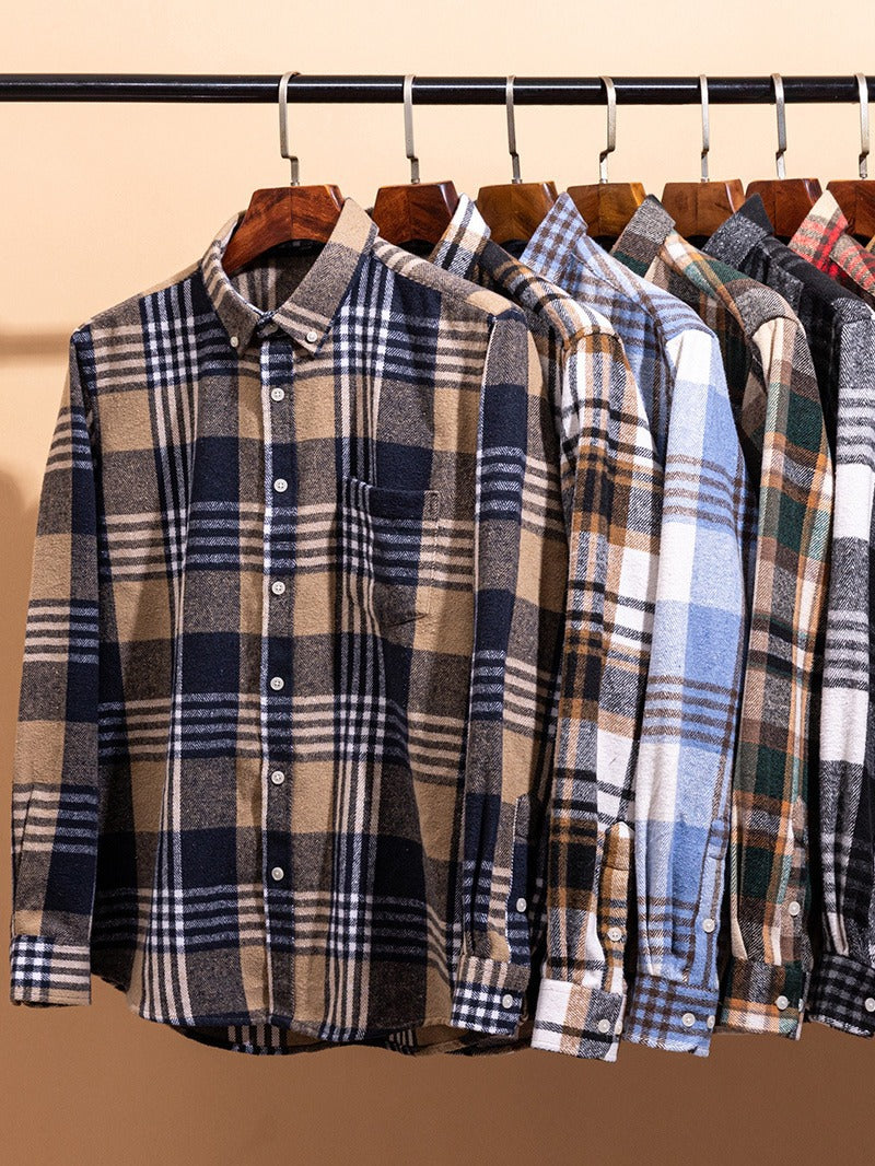 Men's Plaid Button Shirt Pointed Collar Chest Pocket