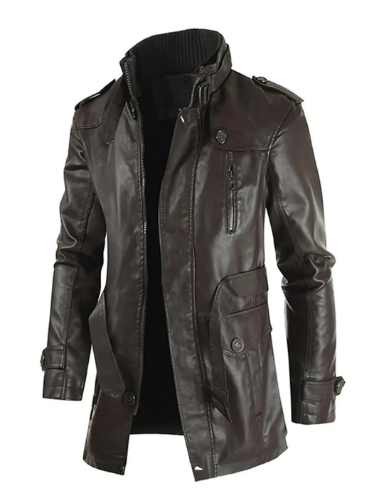 Men's Leather Long Coat - Fashinoza